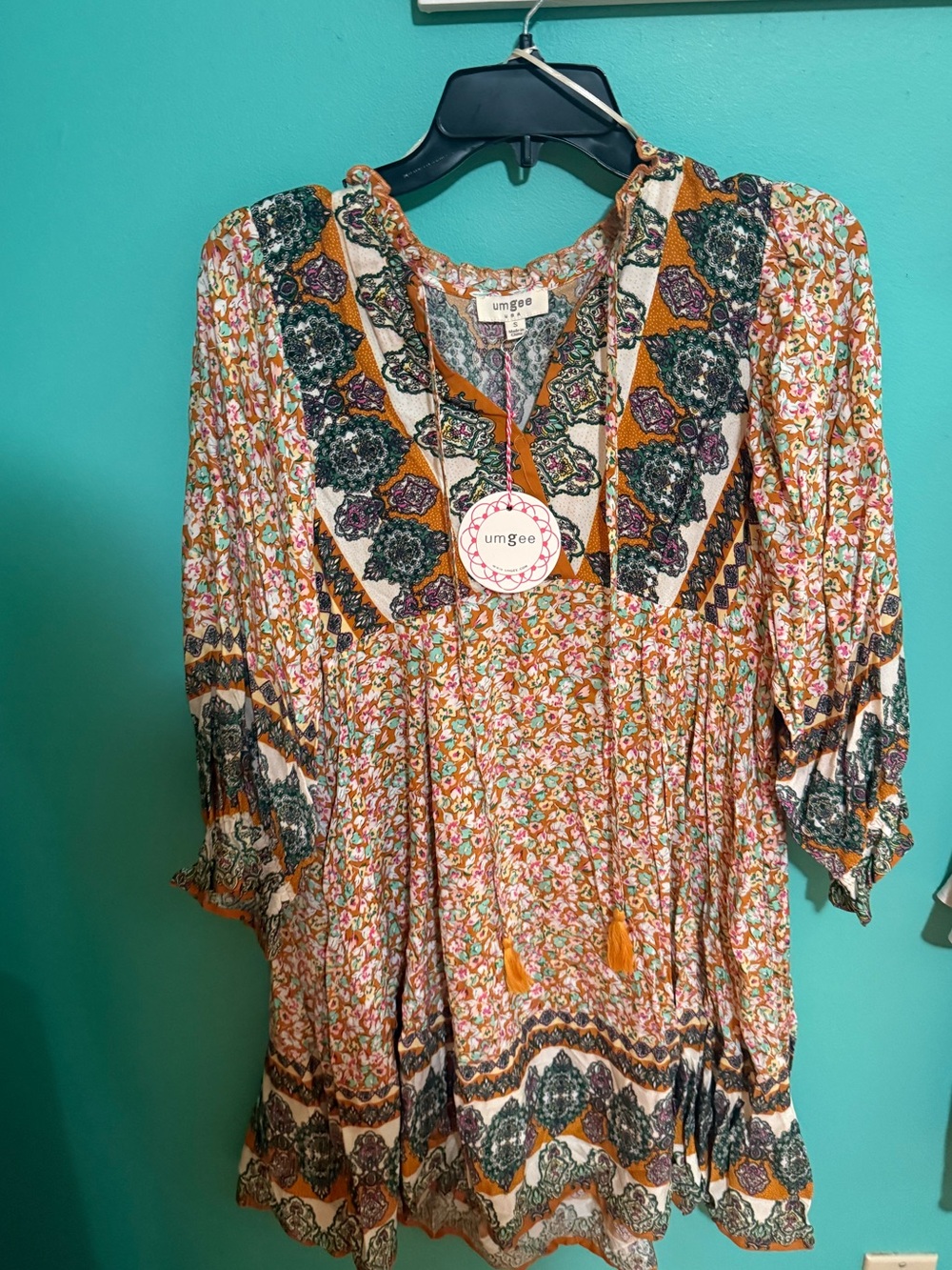 Umgee Mustard & Green Printed Boho Dress